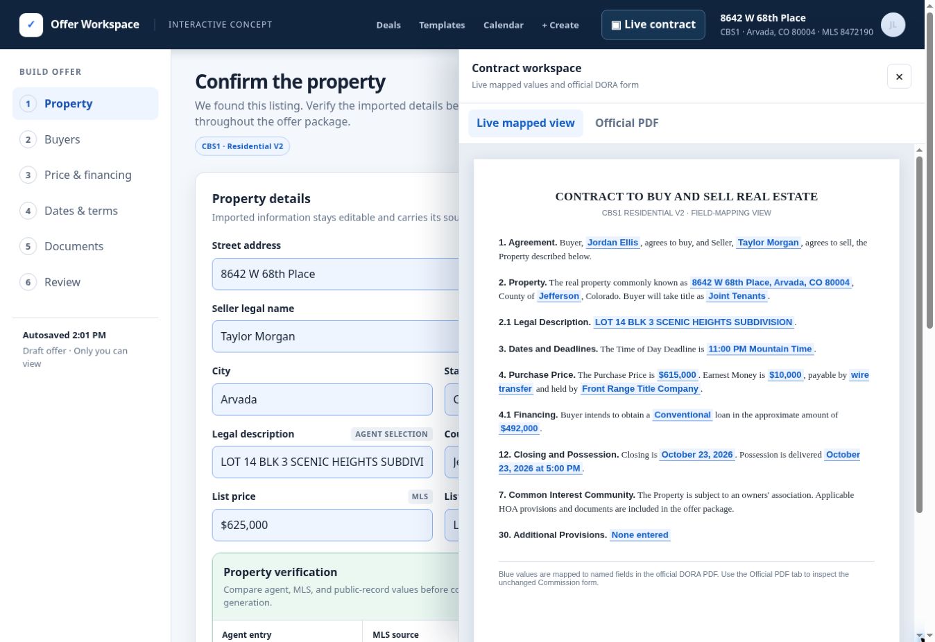 OfferSetGo split-screen contract builder and live contract preview